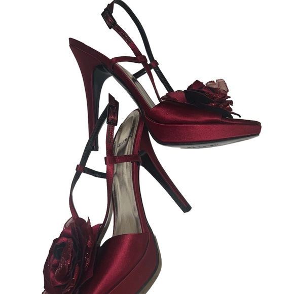 St. John Red Satin Heels with Floral Accent - Picture 2 of 11
